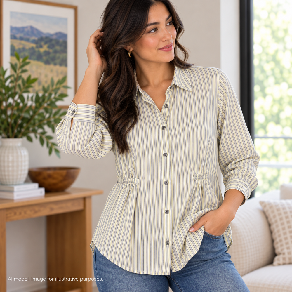 Cabi Shirt Womens Medium White Stripe Gathered Cinched Front Curved Hem Career